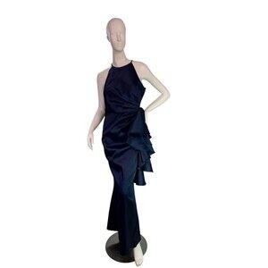 Badgley Mischka Halter Ruffle Gown Maxi Navy Blue Stretch Mikado $650 Size 10
